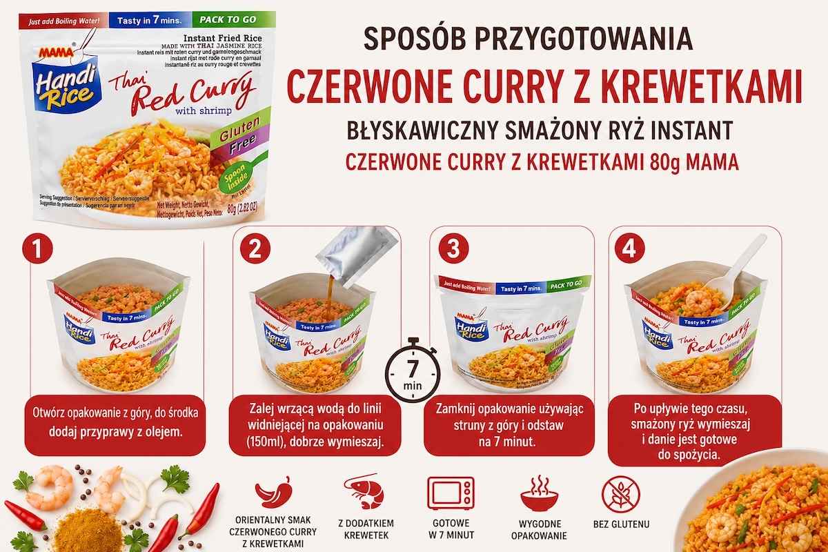 Przygotowanie: Błyskawiczny Smażony Ryż Instant Czerwone Curry z Krewetkami 80g MAMA